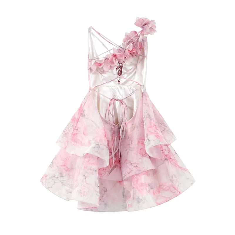 2025 Chiffon Floral Print Layered Women Mini Dresses Sweet Boat Neck Ruffles Flounce Retract Waist Robe Lady Beach Party Vestido