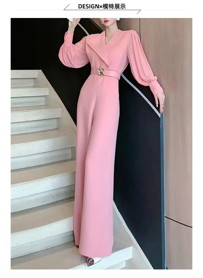 2025 New Spring Autumn Women Long Jumpsuits Fashion Elegant Office Lady Long Sleeve Wide Leg Pants Rompers