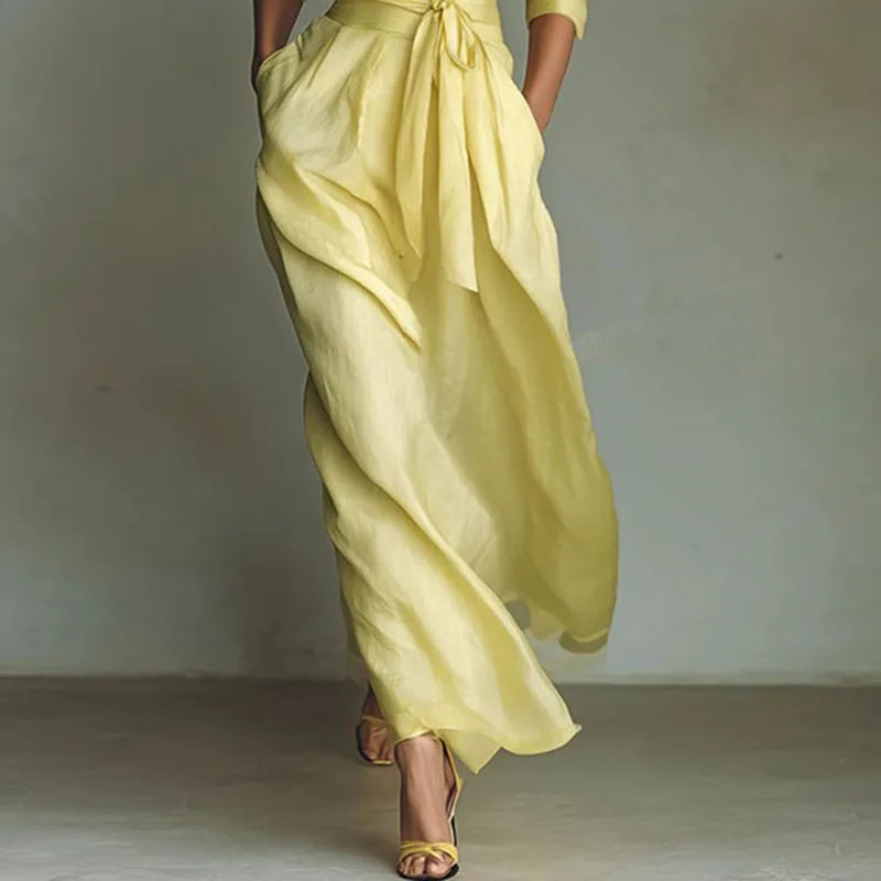 Bohemian Elegant Lace-up High Waist Long Dress Woman New Turn-down Collar Hollow Party Dress Spring 3/4 Sleeve Pocket Maxi Dress