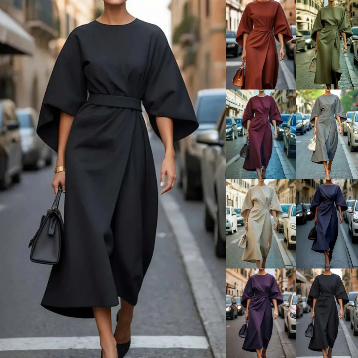 Women Dresses 2026 fashion elegant round o neck solid color waist-cinching casual batsleeve long dress clothing vestidoes