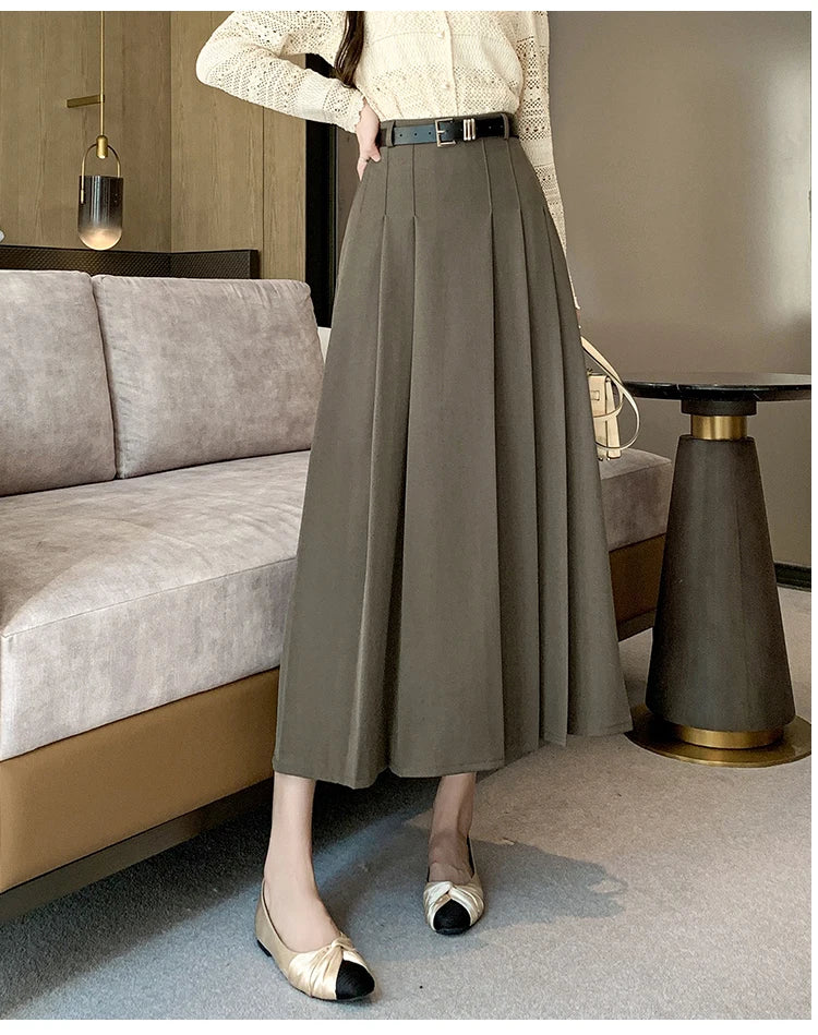 [EWQ] Elegant Solid Color Mid-Length All Match Skirt For Women 2026 Spring Summer Loose High Waist A-Line Pleated Skirts 16O9169
