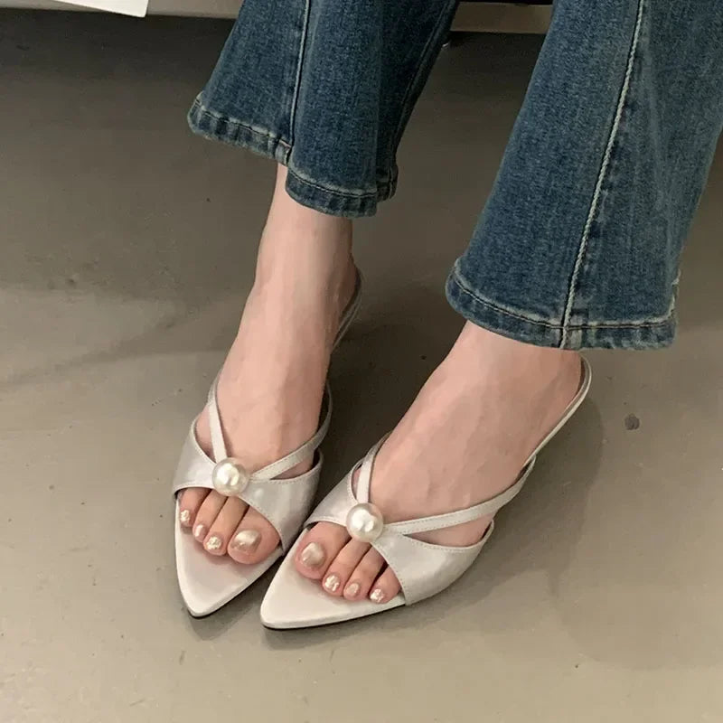 New 2025 Summer Open Toe Women Slippers Sexy Pointed Toe Slides Sandals Elegant Pearls Decoration Thin High Heels for Women