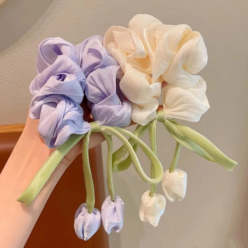 Sweet Girl Wind Mesh Strap Tulip Large Intestine Hair Hoop Handmade Butterfly Knot Rope Tie Ponytail Knot Hair Accessories