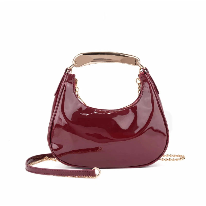 Trendy Burgundy Leather Shoulder Bag Stylish Gold Chain Hobo Bag With Metal Handle Minimalist Half-moon Crossbodybag Evening Bag