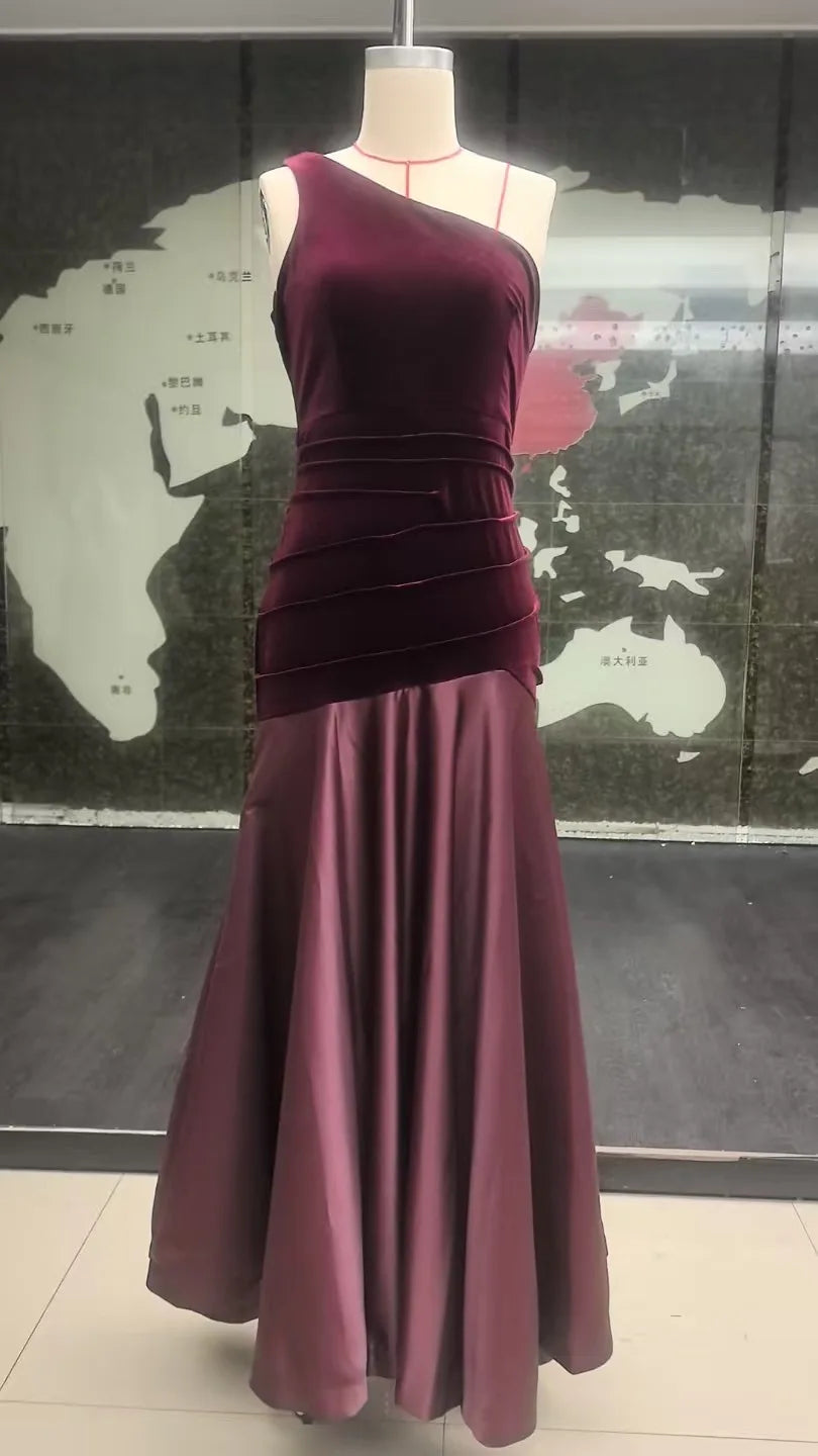 Elegant Party Dresses Women Fashion Waist Slim A-line Spliced Long Dress Female Off-shoulder Velvet Patchwork Evening Gown