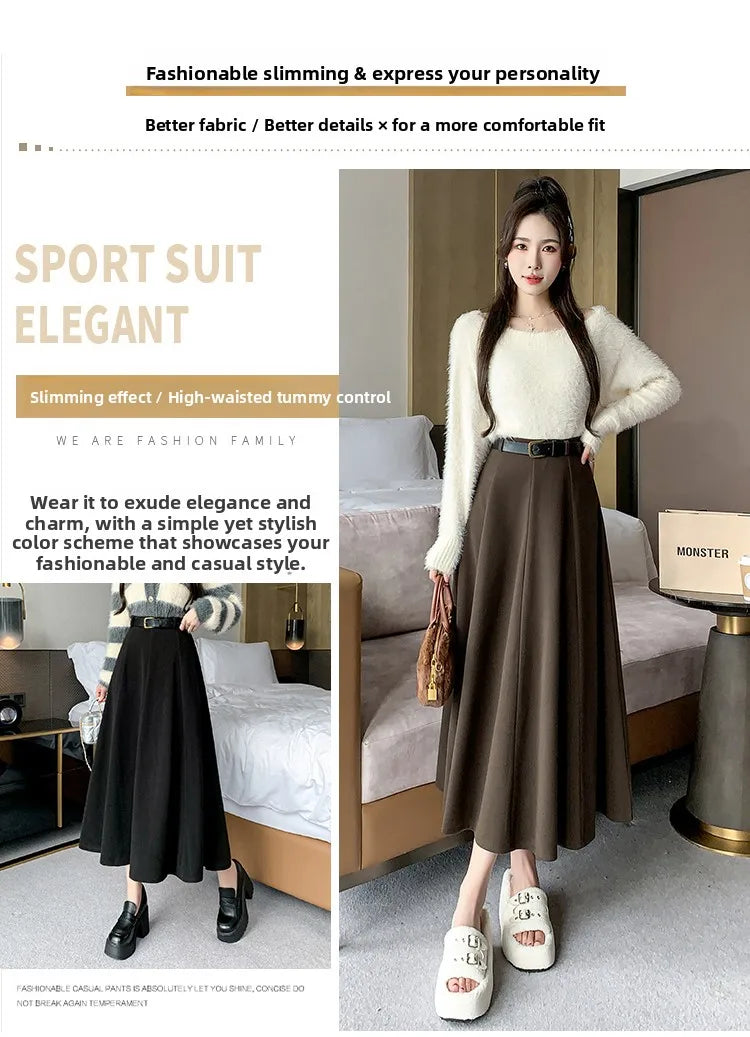 Elegant High Waist A-Line Midi Skirt Women's Fashion Slimming Skirts Autumn Winter New Style Loose Flared Mid-Length Skirts