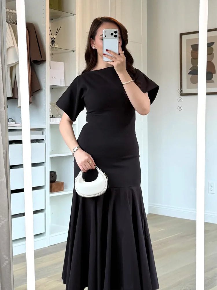 Elegant Patchwork Maxi Dress Women Solid Round Neck Short Sleeve Slim Fit Gowns Lady 2026 New Basic Evening Casual Summer Robes