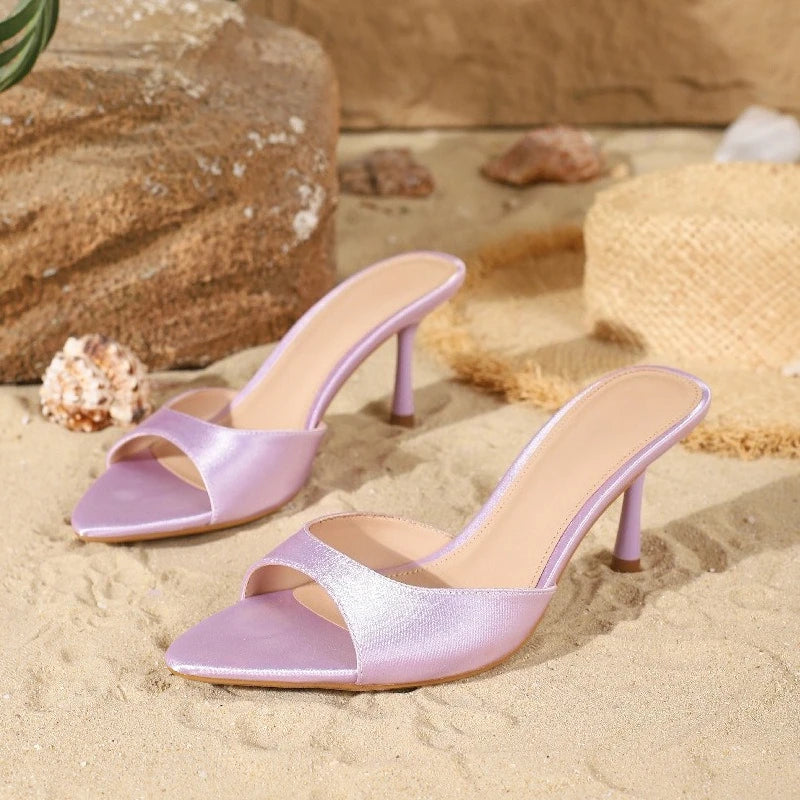 2026 New Arrival Women's Satin Mule Shoes High Heel Stiletto Slip On Sandals Fashion Elegant Party Wedding Shoes Champagne Beige