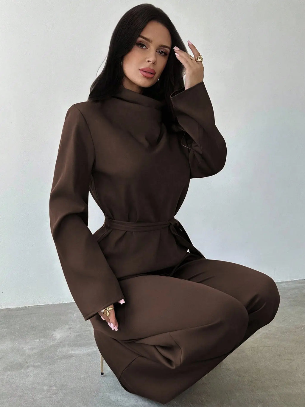 Simple Style Two Piece Outfit 2 Pieces Set For Woman New In Matching Sets Loose Wide Leg Trouser Solid Color All-match Commuting