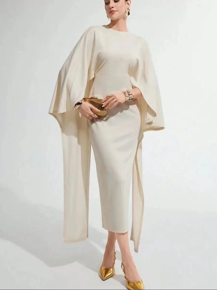 Customized Classic Ivory Satin Evening Dress Temperament Crew Neck Shawl Long Sleeves Zipper Back Bespoke Occasion G