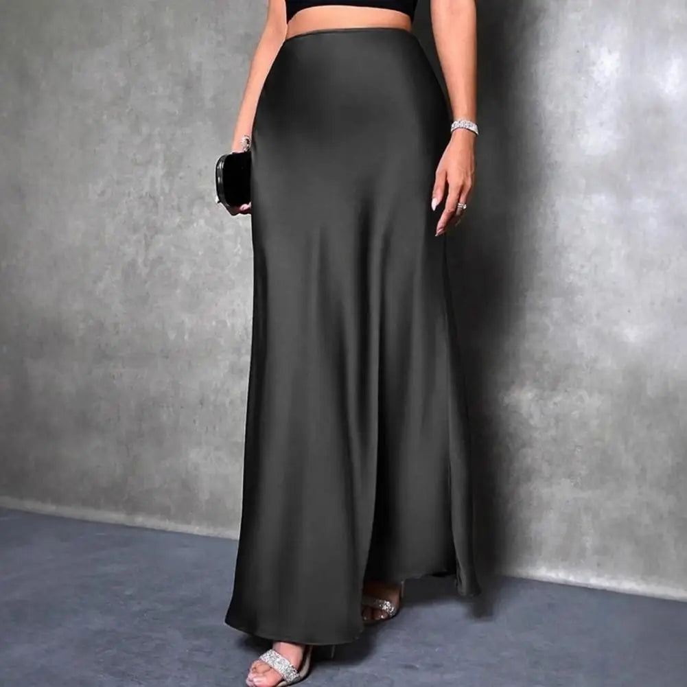 Women Fishtail Skirt Elegant High Waist Flattering Silhouette Satin Skirt Solid Color Smooth Surface A-Line Maxi Skirt