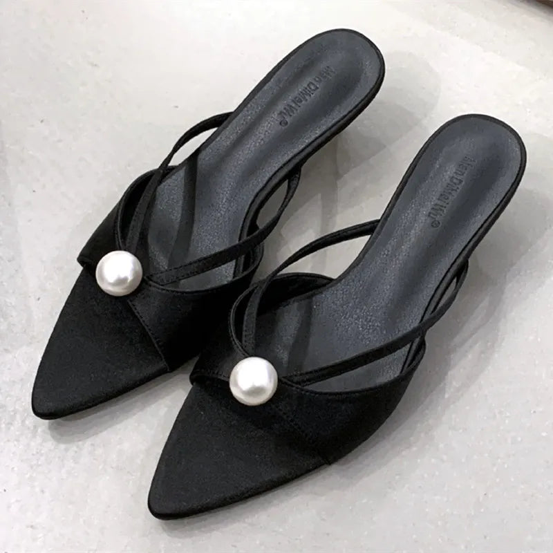 New 2025 Summer Open Toe Women Slippers Sexy Pointed Toe Slides Sandals Elegant Pearls Decoration Thin High Heels for Women