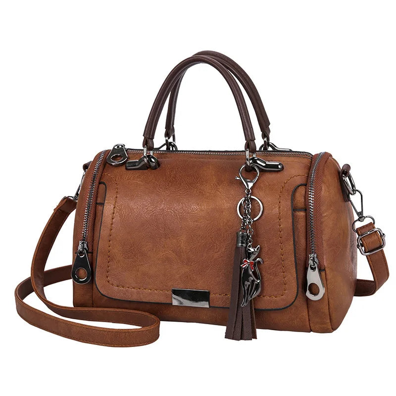Tassel Detail Women’s Large Capacity Shoulder Bag – Fashion Zipper Crossbody with Removable Strap (Boston Style)