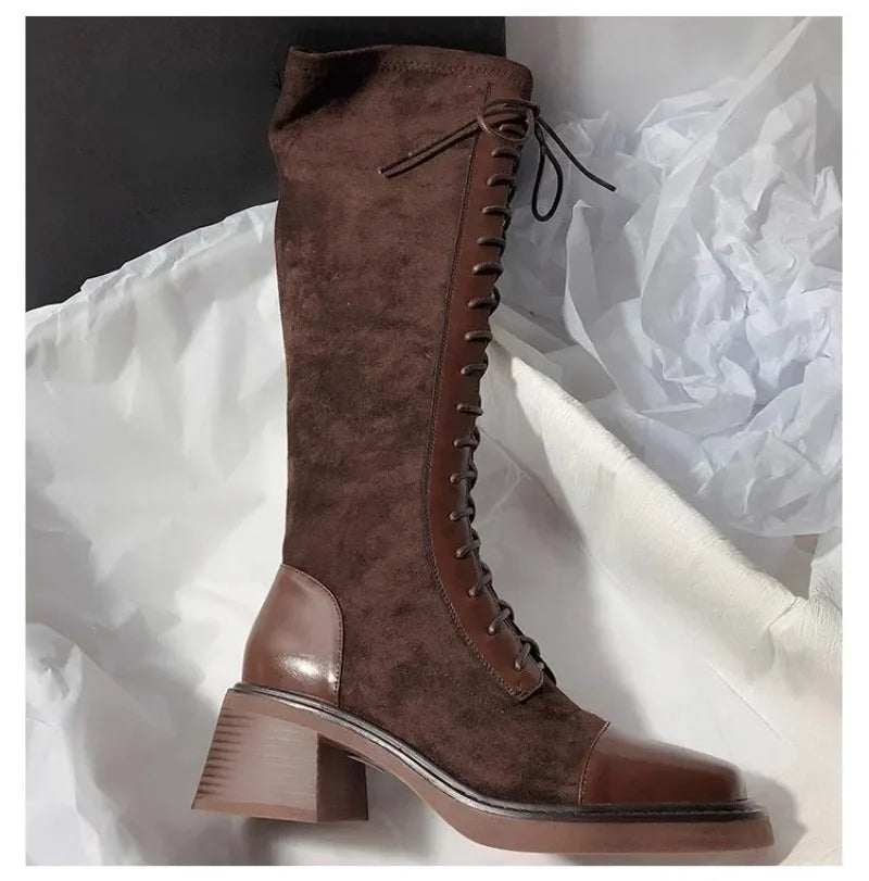 Women's Knee-high Boots High Quality Suede Leather Boot Lace Up Slim Long Tube Boots Knee-high Chelsea Boot Women Fashion Boots