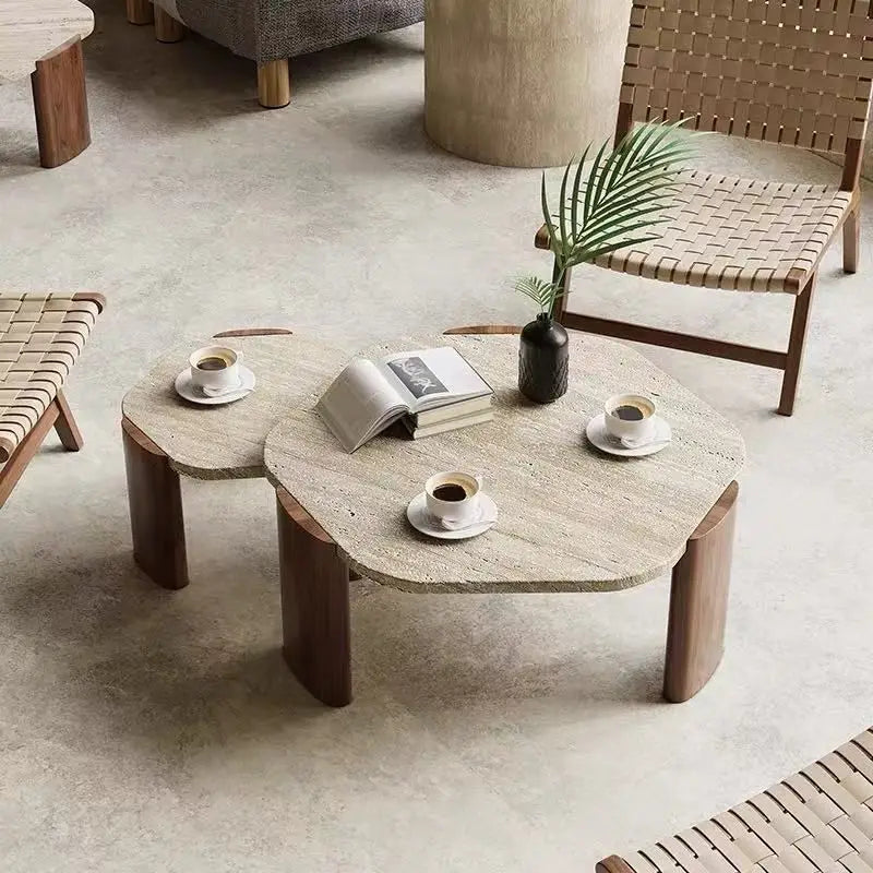 Solid wood travertine coffee table small tea small apartment living room household round balcony special-shaped rock slab Intern