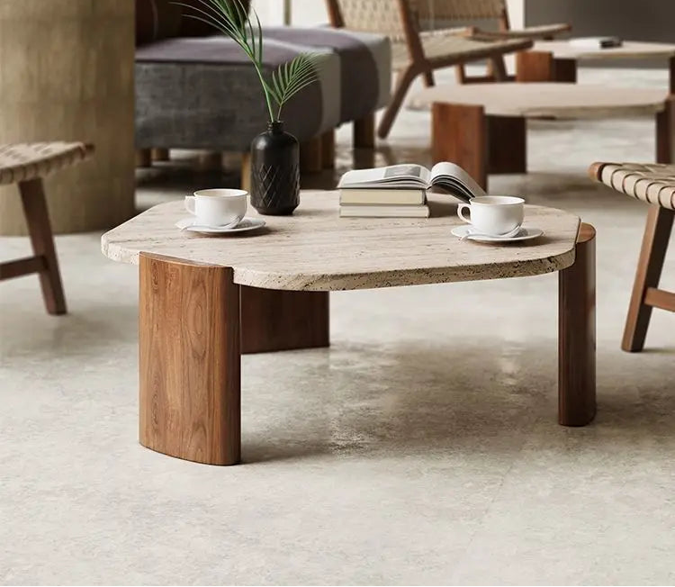 Solid wood travertine coffee table small tea small apartment living room household round balcony special-shaped rock slab Intern