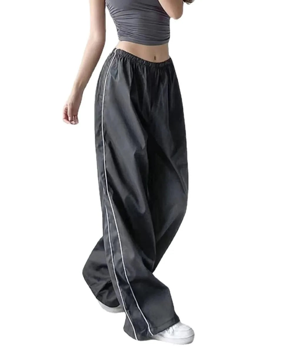 Women's Fashion Drawstring Both Sides Casual Elastic Waist Sports Pants High waist Loose Wide Leg Pants Trousers