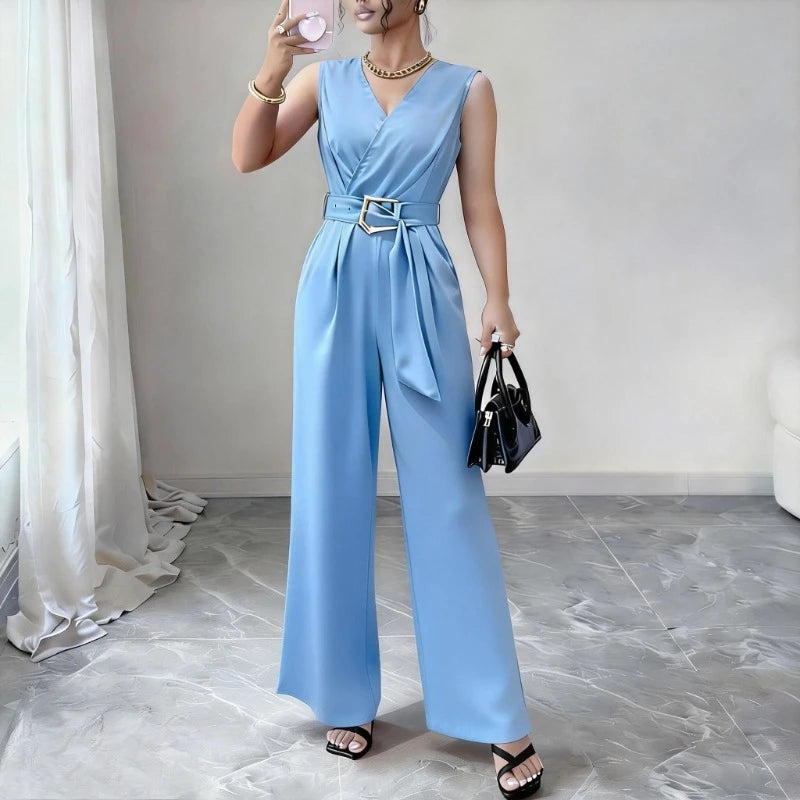 Women's Red Sleeveless V-Neck Pants  Belted Tie Waist Wide Leg Jumpsuit Casual Daily Office Party Elegant Romper Bodysuits