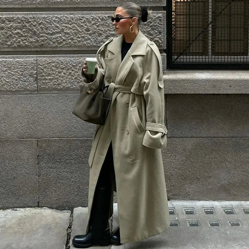 Vintage Women's Striped Woolen Overcoat Long Sleeve Fashion Lapel Oversized Coat 2025 Autumn Winter Commute Jacket for Ladies