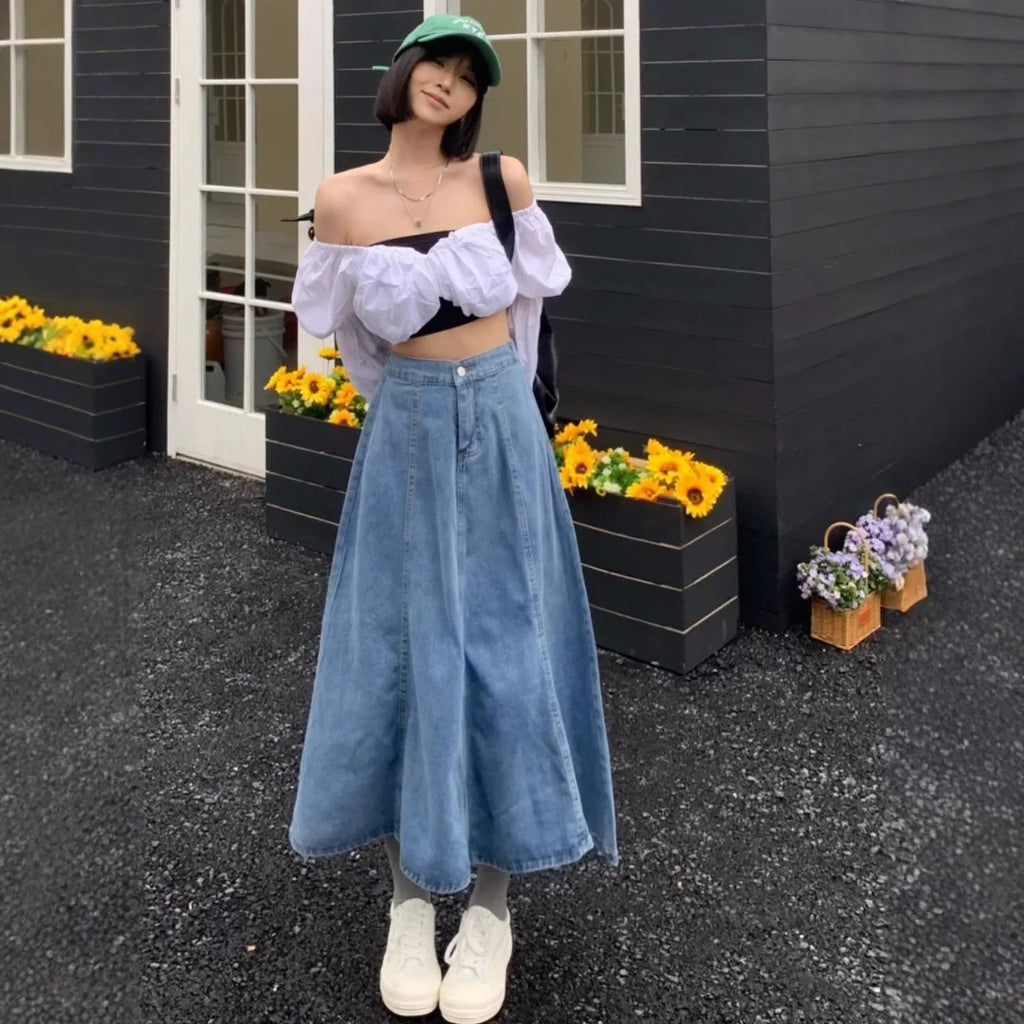 High Waist A- Line Midi Denim Skirt Women's Elastic Waist Design Sensation Slimming Long Skirt Summer Fashion Half-length Skirt