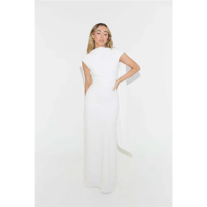 Elegant Long Dress Pure Color Asymmetrical Collar Shoulder Insert Sleeve Cross-Border Summer New Women's Fashion Dress