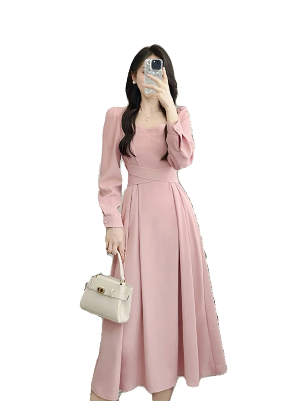 Ele High Waist A-Line Dr Women's Long Sve Square Collar Slimming Formal Ocn Dr Spring Collection