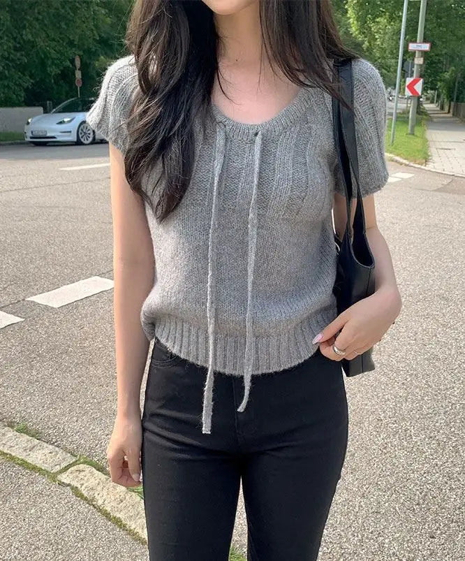 Loose ort Sve Knitted Sweater Women's Dstring Knot  Knot Overhead Sweatirt Casual Sle Online Exclusive