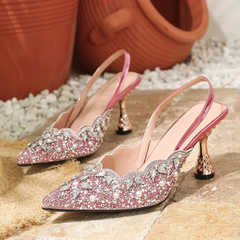 Eilyken Elegant CRYSTAL Diamond Pearl Pointed Toe Pumps Women Slingbacks Stripper Thin High Heels Party Banquet Mules Shoes
