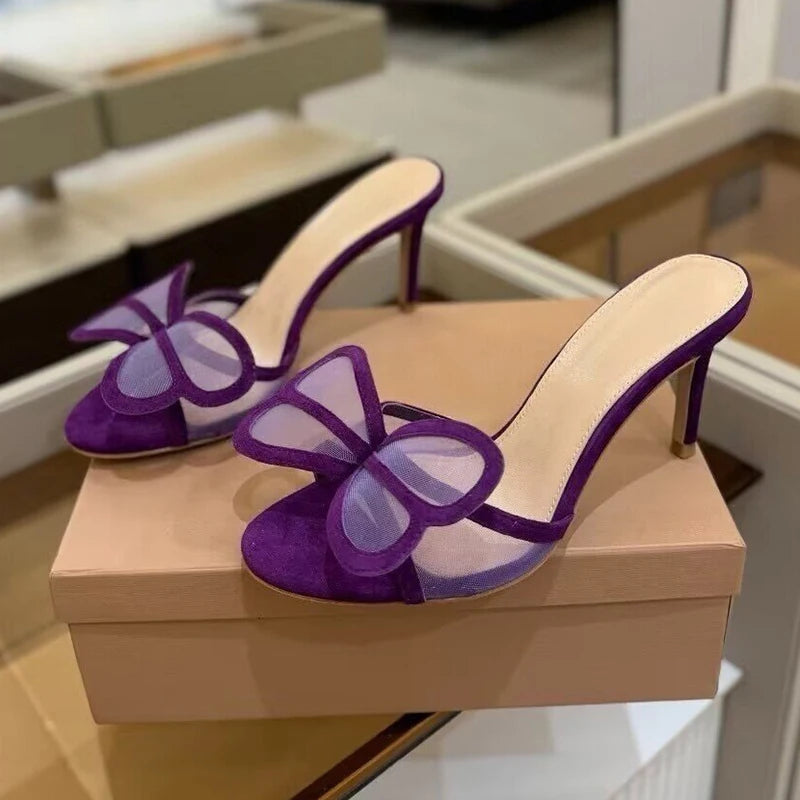 2025 New High Heels Slippers Women Mesh Big Butterfly-knot Thin Heels Lazy Sandals Summer Slides Fashion Party Dress Shoes