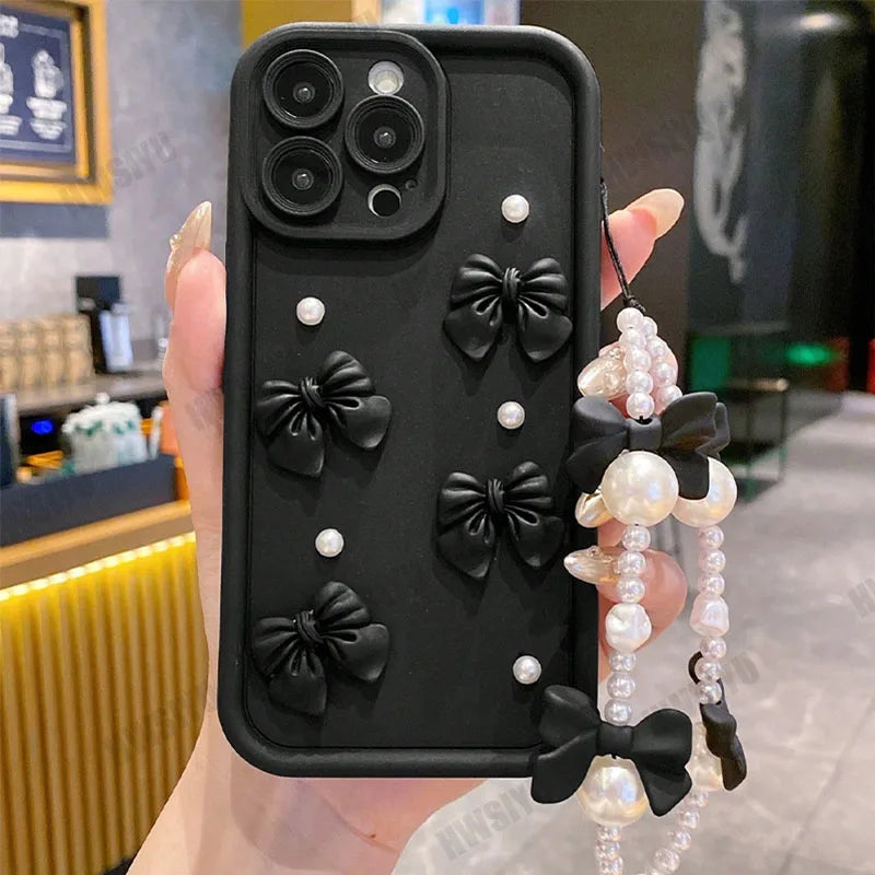 Pearl Bow Chain Phone Case For Redmi Note 14 13 12 11 10 9 8 Pro Plus 11s 13C 12C Women Silicone Back Cover