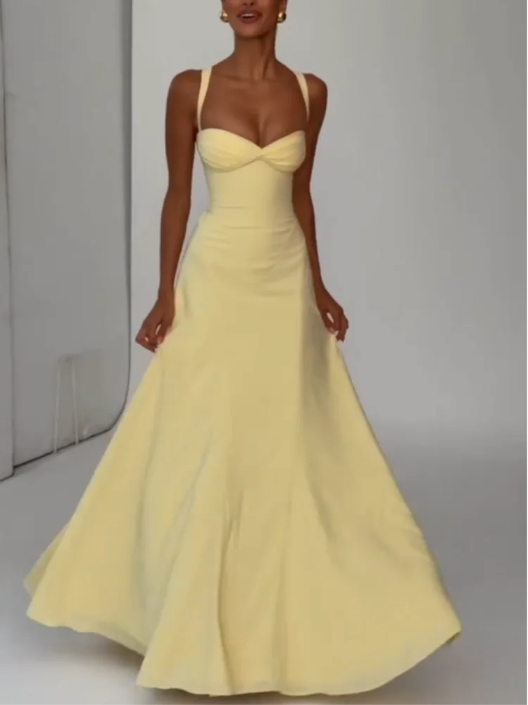 Yellow Low Cut Backless Long Dress Women Chic Lace Up High Waist Sleeveless Waist Cinching Slim Sling Dresses Lady Party Robes