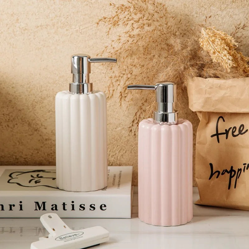 400ml Ceramic Lotion & Soap Dispenser – Pink & White Stripes