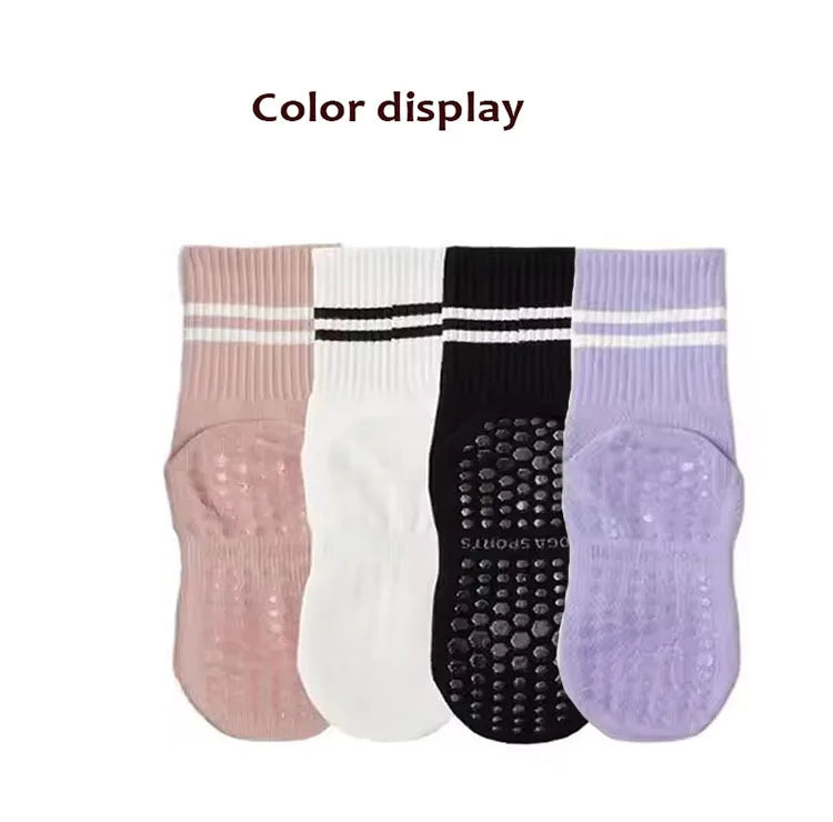 4 Pairs of Mid Tube Double Bar Striped Yoga Socks Anti Slip Dance Sports Breathable Socks Fitness Pilates Cotton Socks
