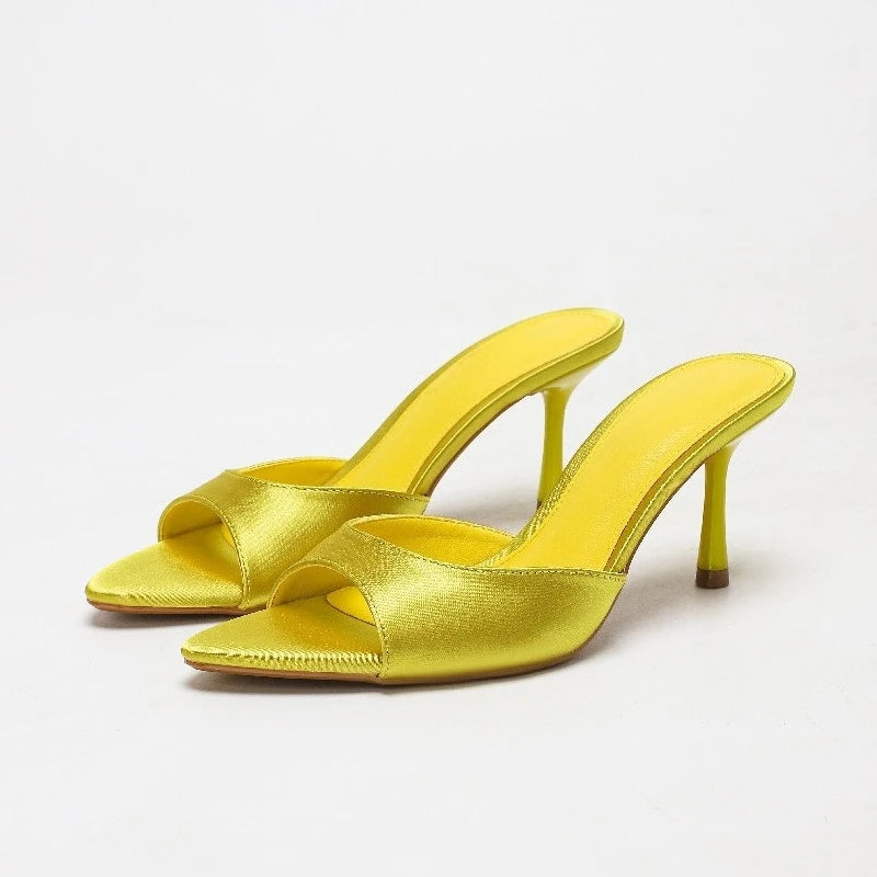 2026 New Arrival Women's Satin Mule Shoes High Heel Stiletto Slip On Sandals Fashion Elegant Party Wedding Shoes Champagne Beige