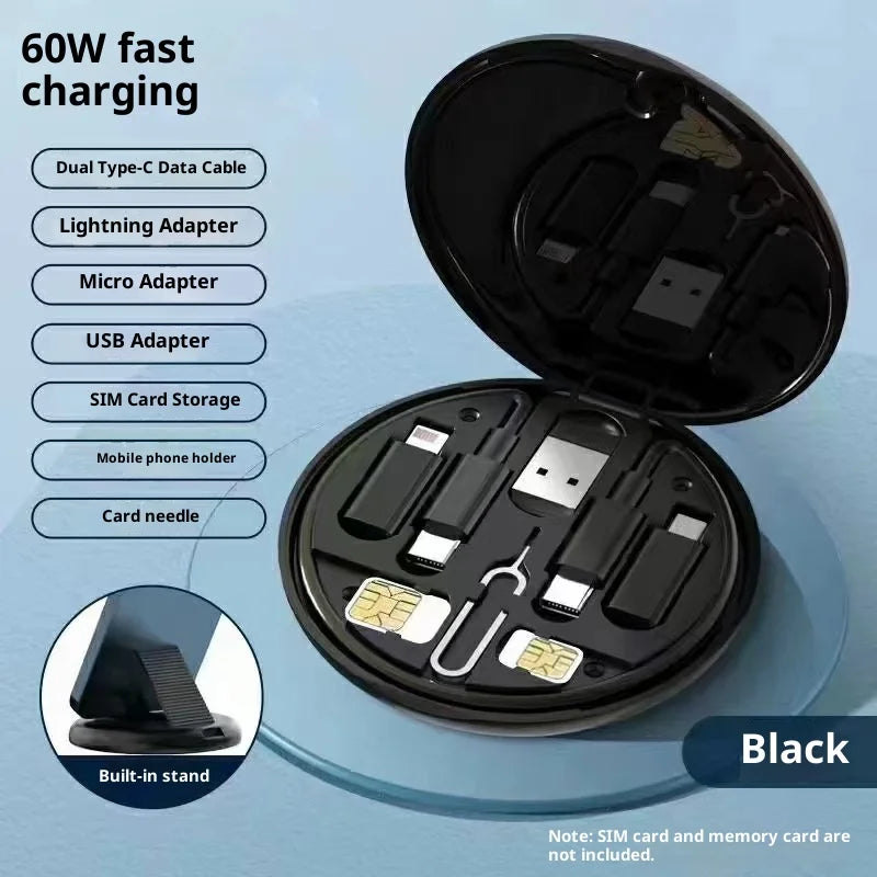 60W Multi 4-in-1 Fast Charging Data Cable Type-C USB-C Micro USB Lightning Charger Cord with Storage Box and Phone Holder