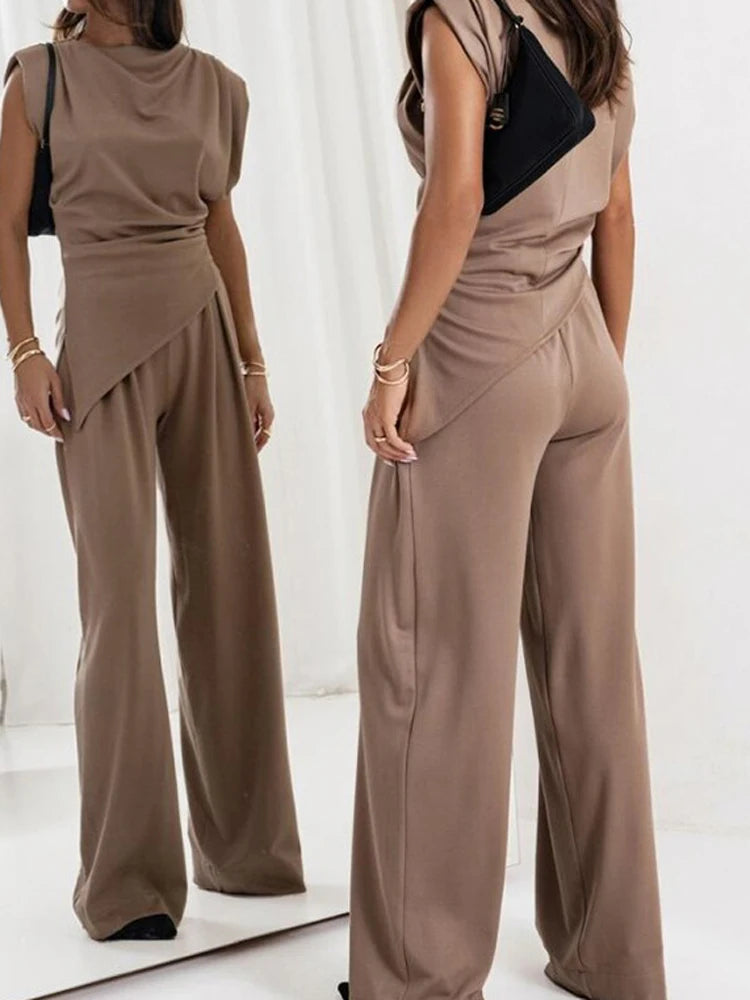 Women's OL Sets Two 2 Pcs Sale Casual O-Neck Sleeveless Irregular Shirt Tops& Pocket Wide Leg Loose Pant Suits OUCFS-W3038