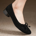 Women's natural suede leather square toe slip-on flats 3cm round low heel sweet bowtie casual female four season shoes for woman