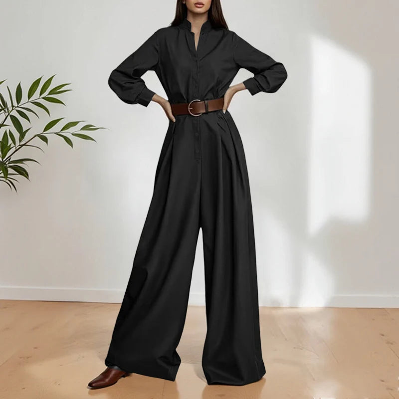 ZANZEA Women Fashion Long Jumpsuits 2026 Summer Long Sleeve Solid Rompers Casual Stand Collar Loose Overalls Streetwear Work