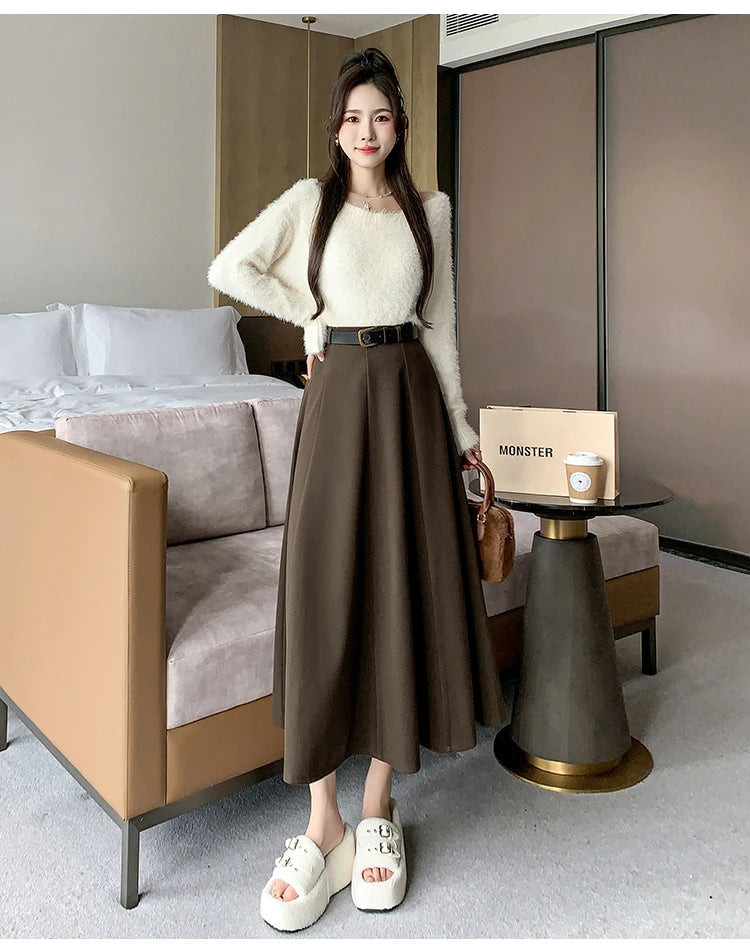 Elegant High Waist A-Line Midi Skirt Women's Fashion Slimming Skirts Autumn Winter New Style Loose Flared Mid-Length Skirts