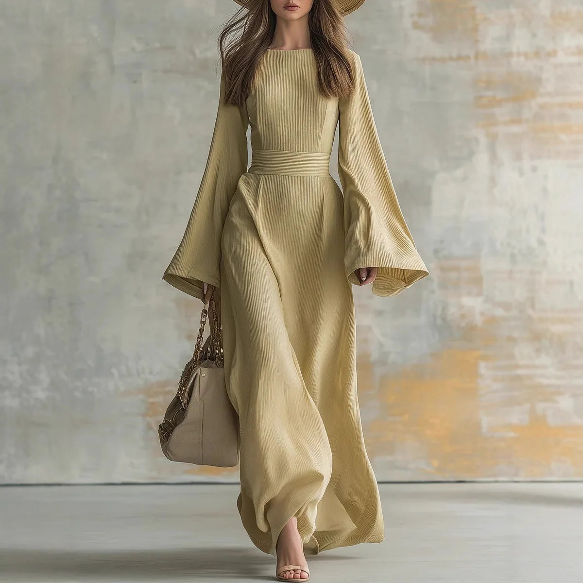 New Spring Elegant Crew Neck Long Dresses Woman Solid Tie-up Bowknot Slim Party Dress Autumn Flare Sleeve Loose Maxi Dress