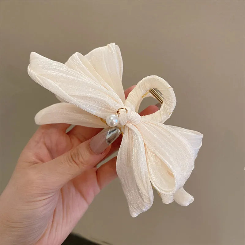Mesh Bow Hair Clip for Woman Elegant Temperament Large Shark Clip Fashion Girl Ponytail Hair Clamp