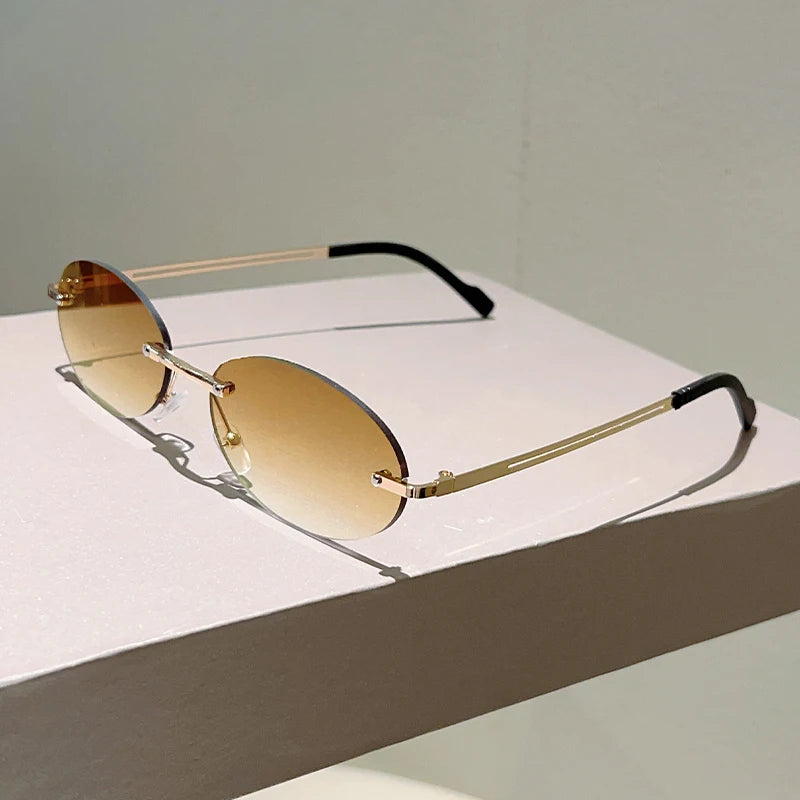 Rimless Oval Sunglasses Women Fashion Gradient Decor Shades Eyewear New Trendy Vintage Brand Design Casual Eyeglasses