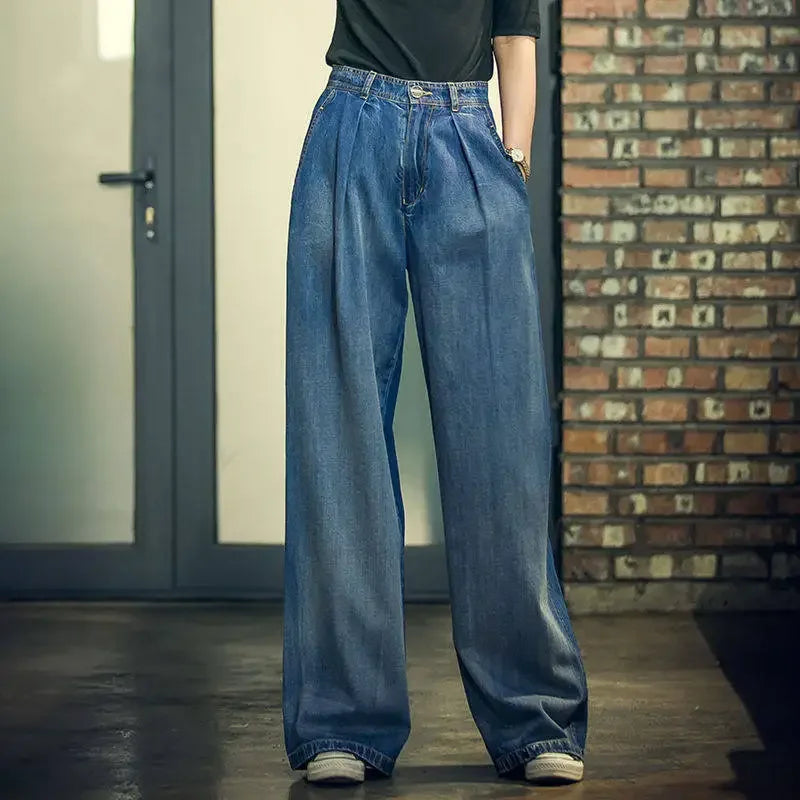 Jeans Wide Leg Pants Women High Waist Washed Distressed Pockets Basics Straight Trousers Denims Streetwear Vintage Floor Length