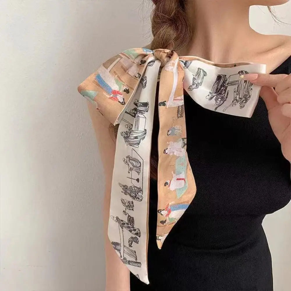 1pc French Scarf Butterfly Tie Hair Retro Oil Print Hair Ribbon Scarf Women Neck Tie Bag Headscarves Floral Bands Headband