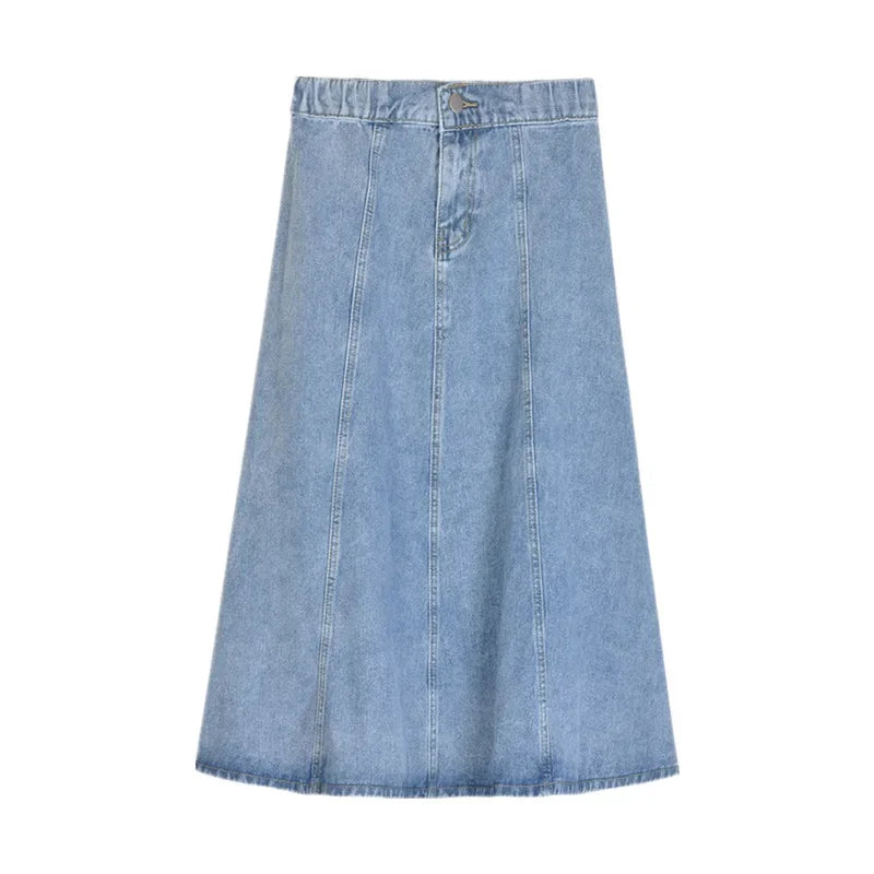 High Waist A- Line Midi Denim Skirt Women's Elastic Waist Design Sensation Slimming Long Skirt Summer Fashion Half-length Skirt