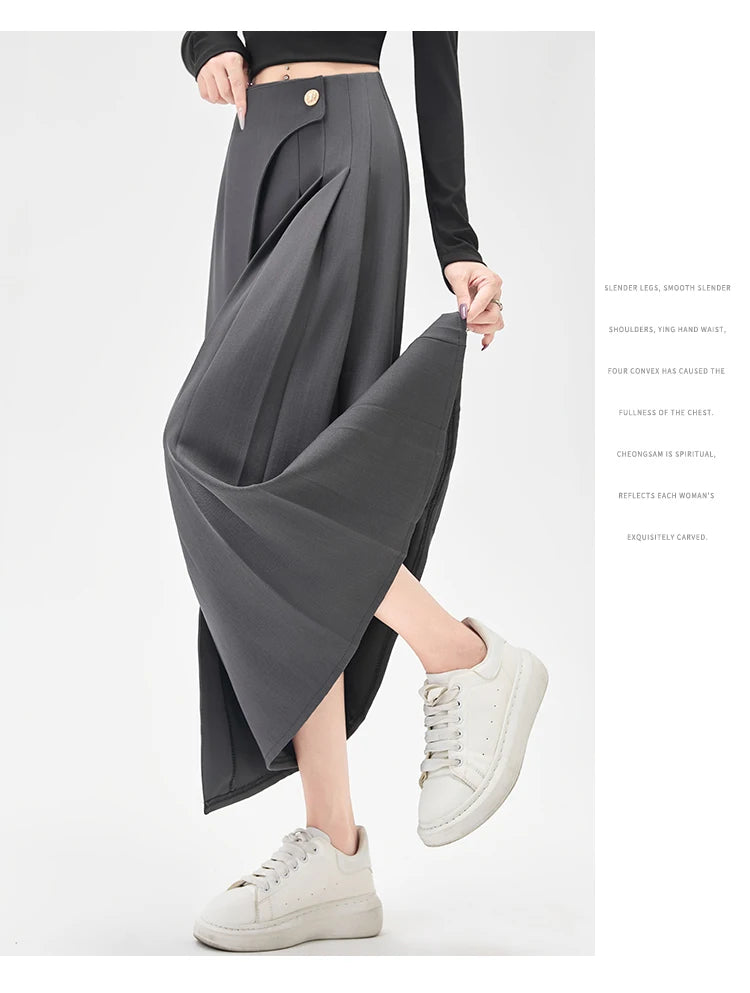 SMTHMA Women's High-Waisted Slimming Solid A- Line Skirt New Fashionable Big Umbrella Skirt Autumn/Winter Season Long Skirt