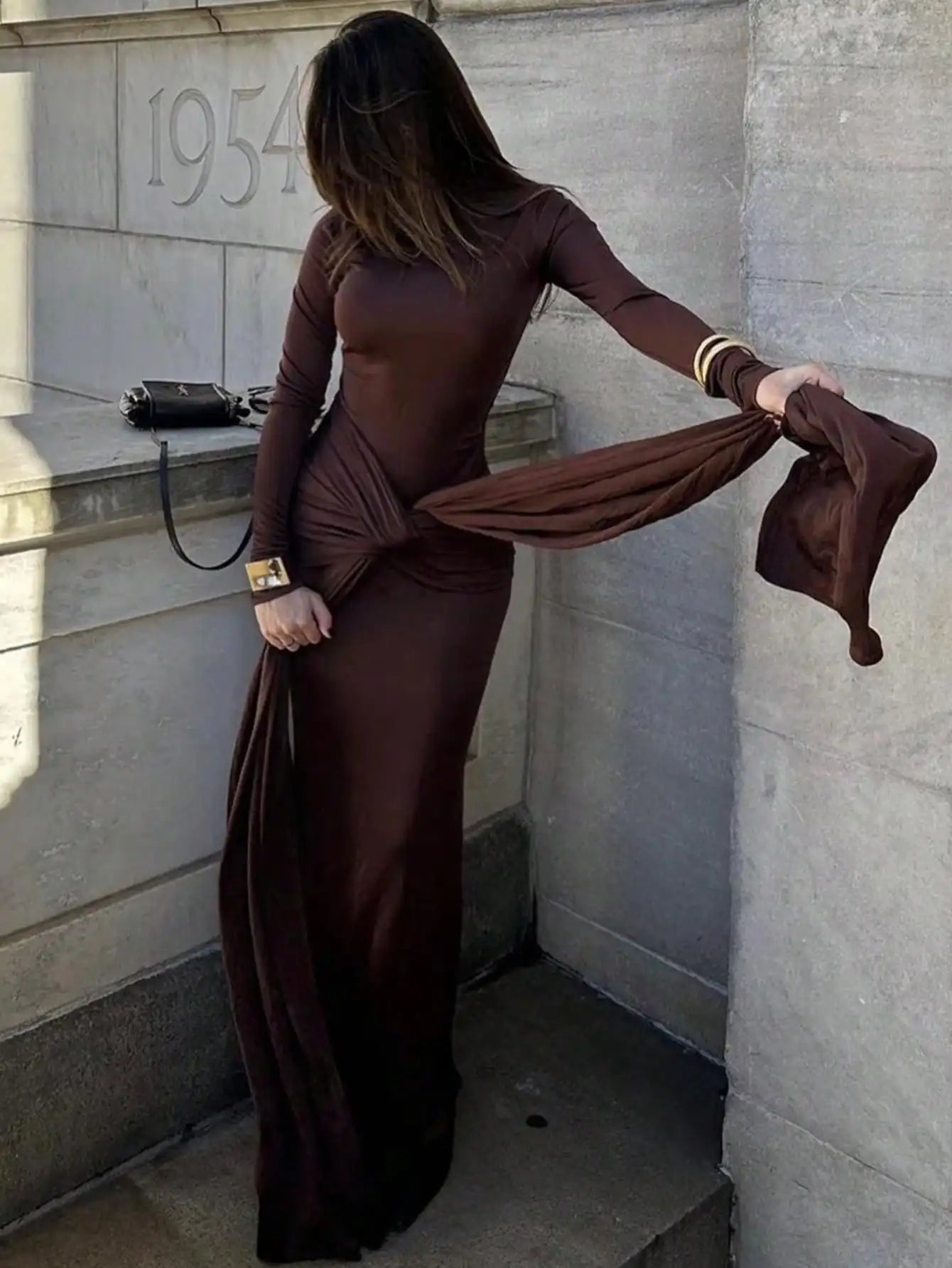 Brown High Neck Fitted Long Dress with Front Knot Detail