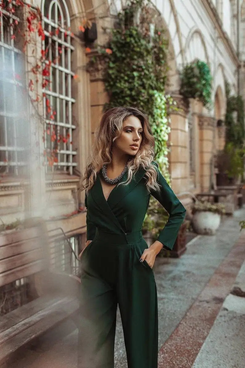 Spring Summer  Jumpsuit Women Mid Waist Elegant Commuting Long Sleeve Suit Overalls Wide Leg Pant Casual Solid Waist Jumpsuit