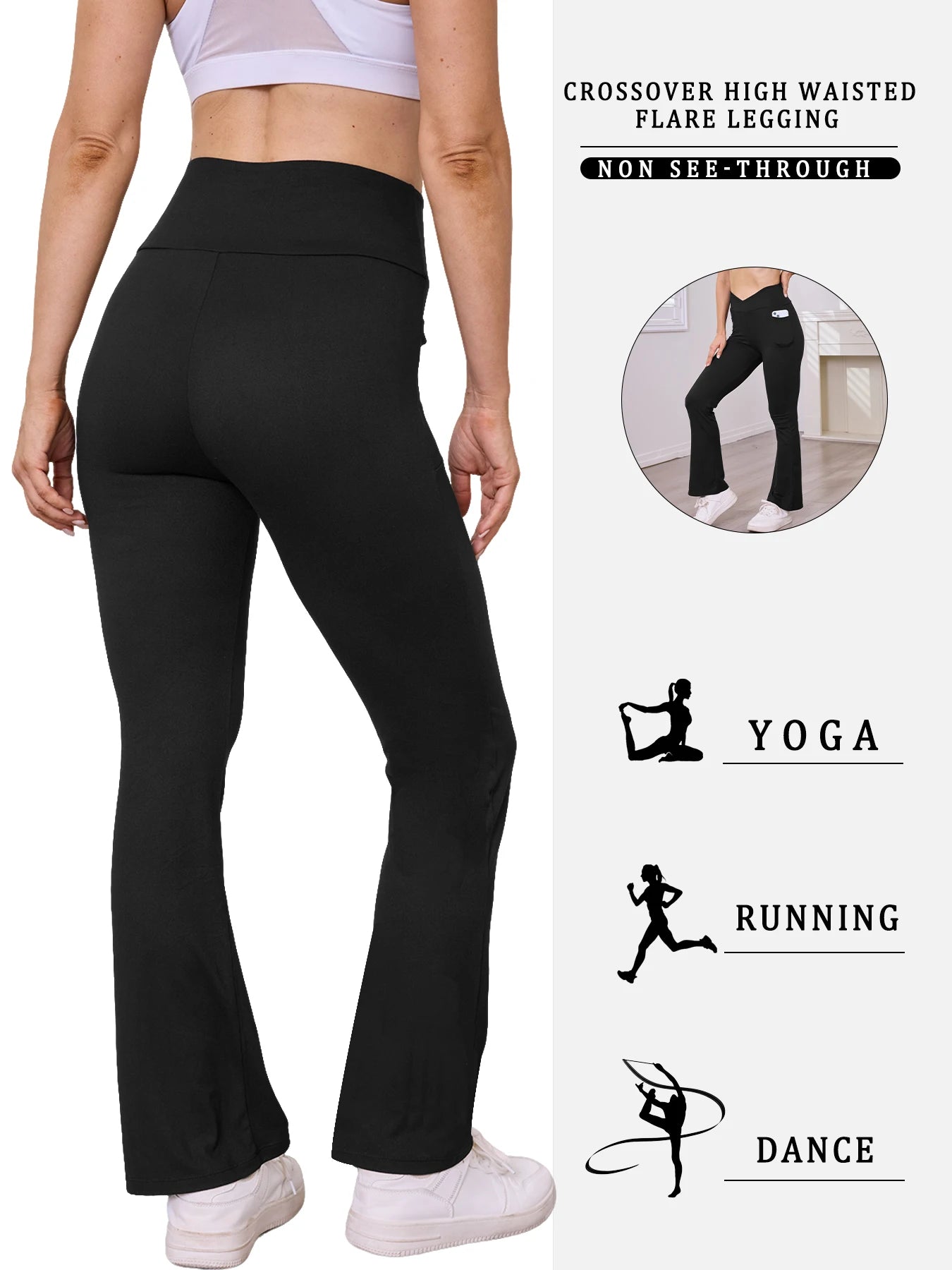 Women's Super Soft Crossover High Waisted Flare Legging With Pockets, Tummy Control Yoga Bootleg Bell Bottoms