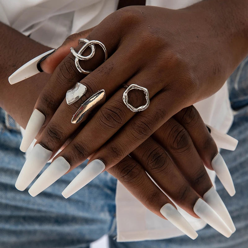 Tocona 2024 New Trendy Geometric Gold Silver Colour Set Rings for Women Adjustable Finger Ring Party Wedding Jewelry Accessories